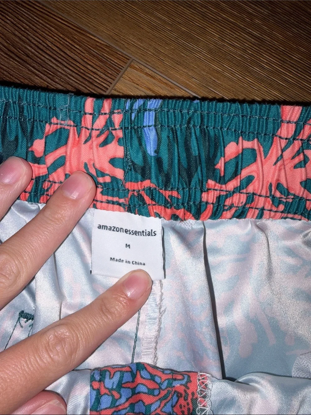 Amazon Essentials Teal Swim Trunks with Pink Coral Print